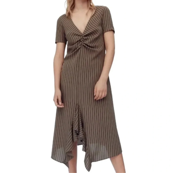 Zara Ruffled Ruched Dress V Neck Short Sleeve Brown Black Stripes Size Small - Picture 1 of 11